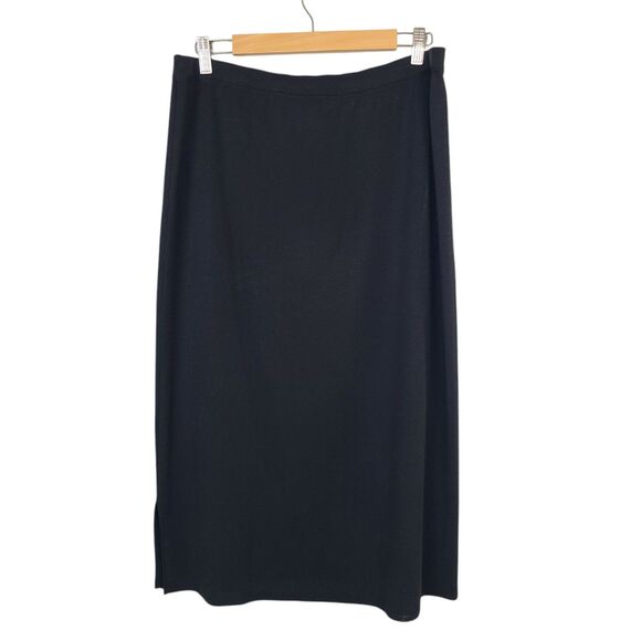 Ming Wang Skirt L Black‎ Knit Pull-On Side Slit Office Career Midi - Picture 3 of 7